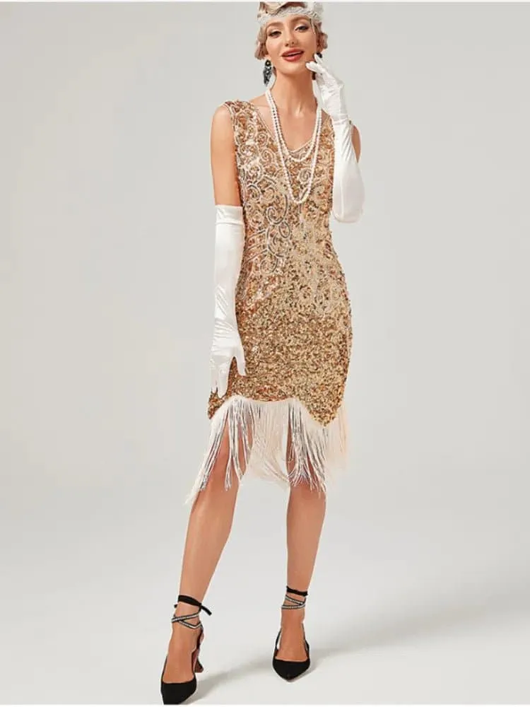 1920s Vintage Sequin Dress in A-Line Style with Embroidery Detailing