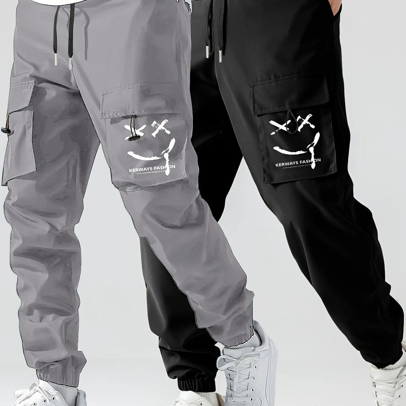 2 Pcs Smiling Face Cargo Joggers Stylish Functional Bottoms for Men