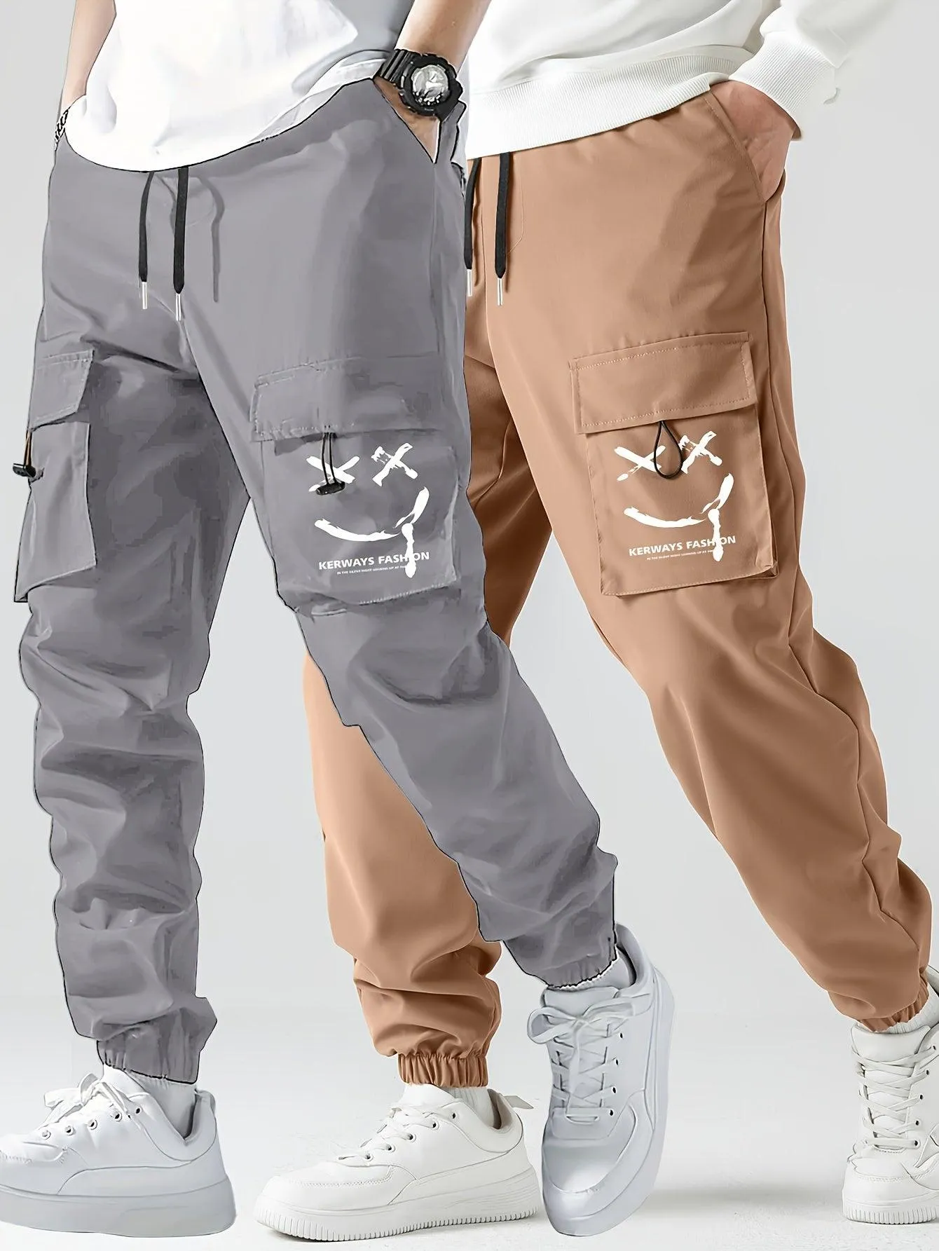 2 Pcs Smiling Face Cargo Joggers Stylish Functional Bottoms for Men