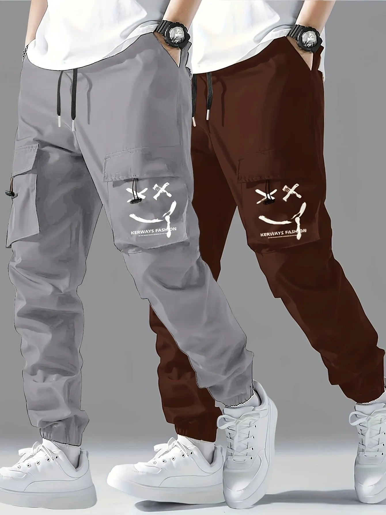 2 Pcs Smiling Face Cargo Joggers Stylish Functional Bottoms for Men