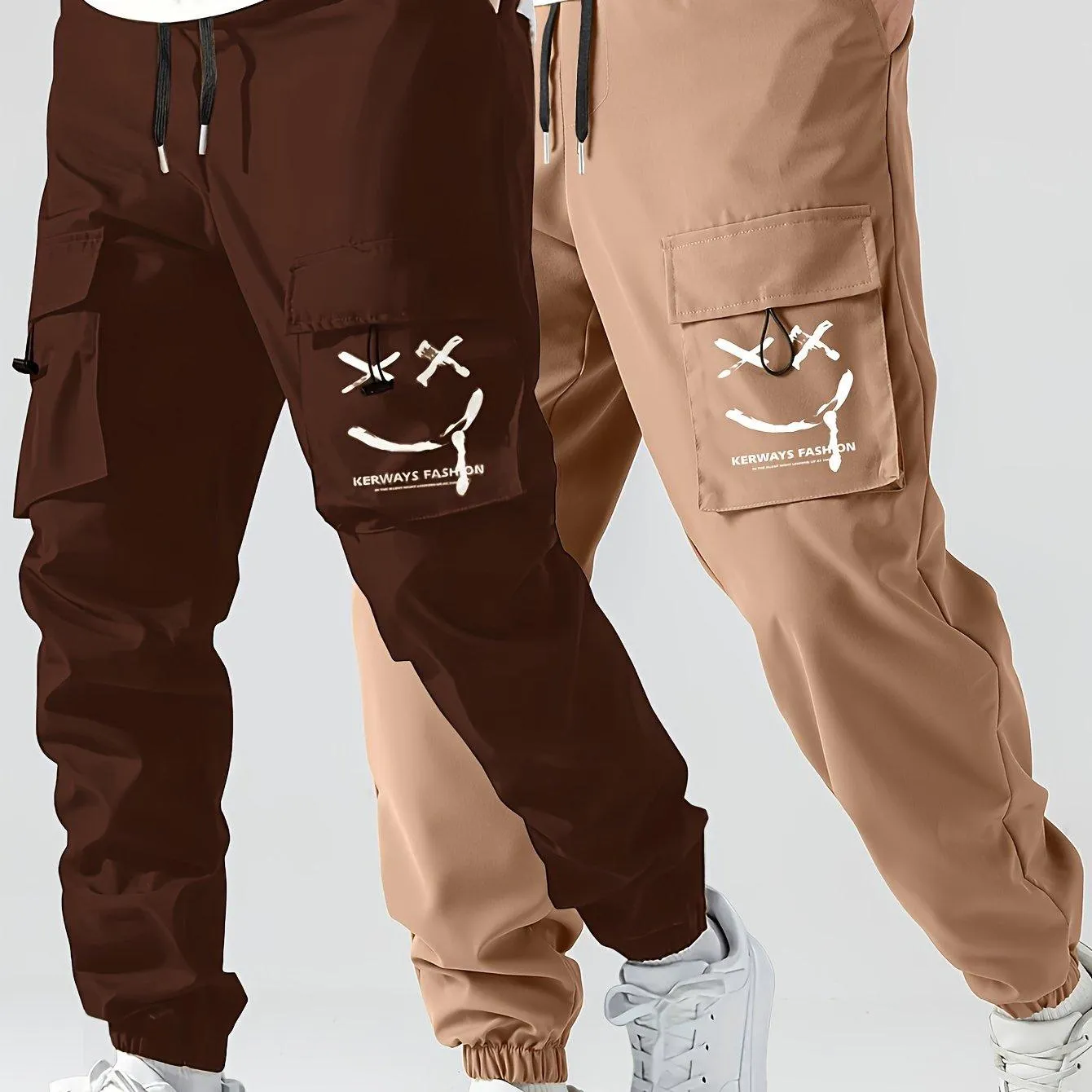 2 Pcs Smiling Face Cargo Joggers Stylish Functional Bottoms for Men