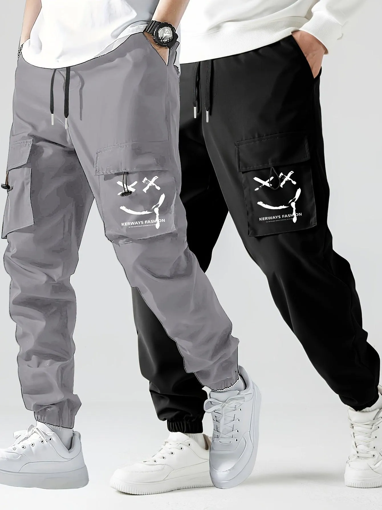 2 Pcs Smiling Face Cargo Joggers Stylish Functional Bottoms for Men