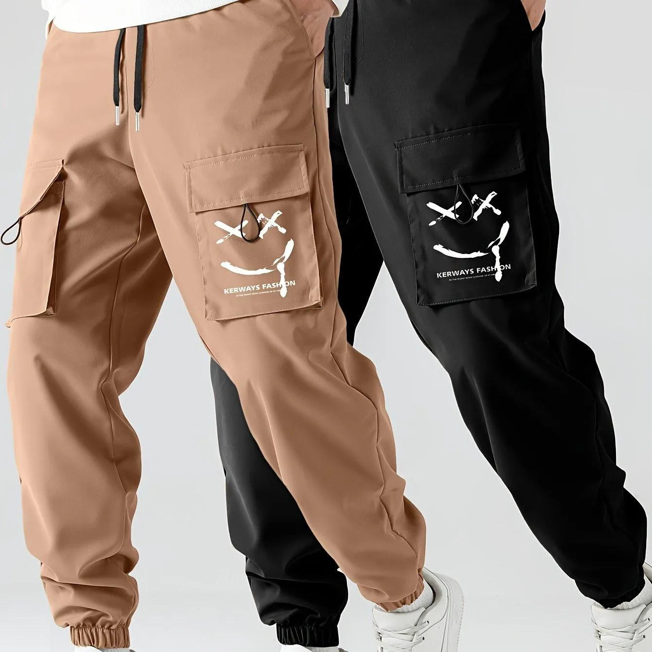 2 Pcs Smiling Face Cargo Joggers Stylish Functional Bottoms for Men