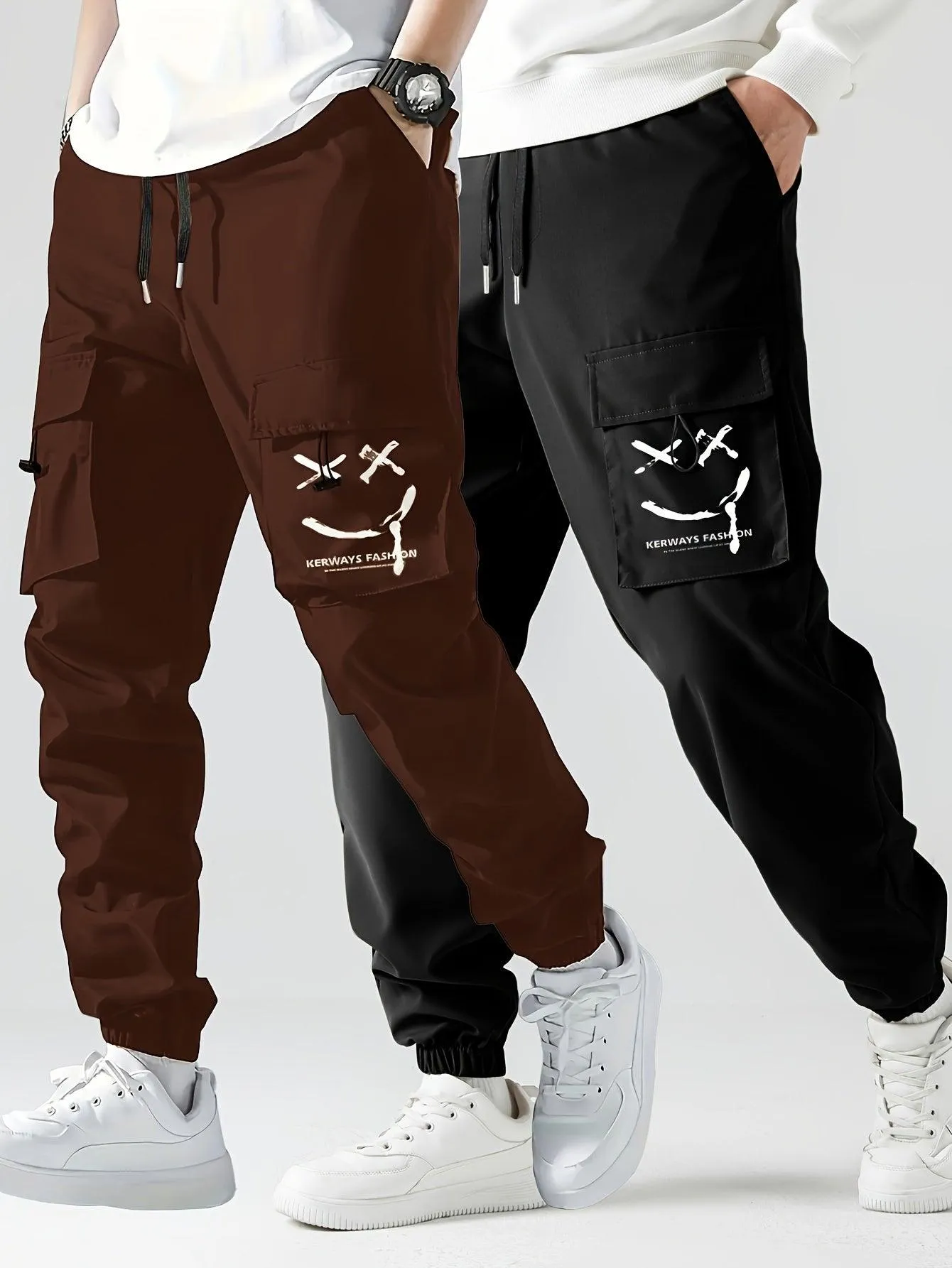 2 Pcs Smiling Face Cargo Joggers Stylish Functional Bottoms for Men