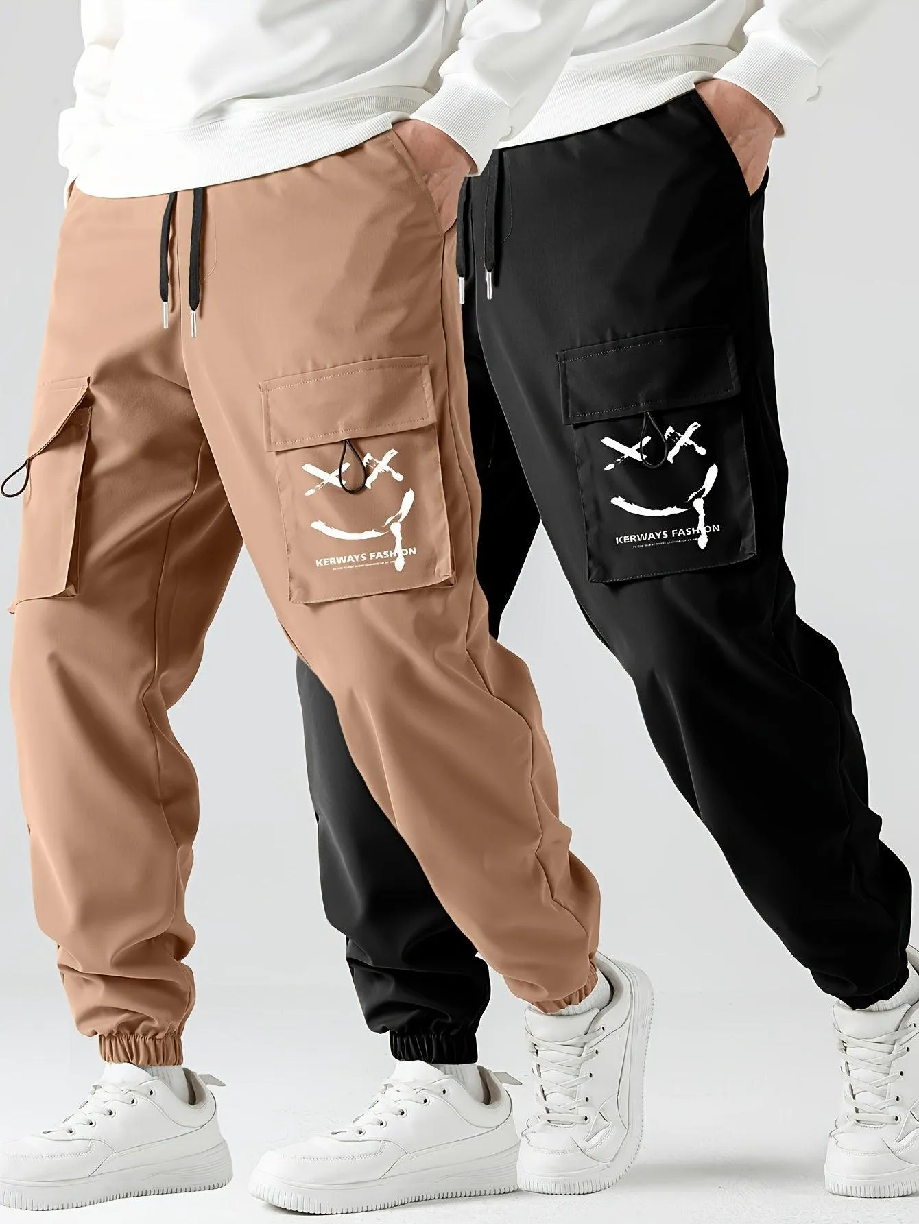 2 Pcs Smiling Face Cargo Joggers Stylish Functional Bottoms for Men