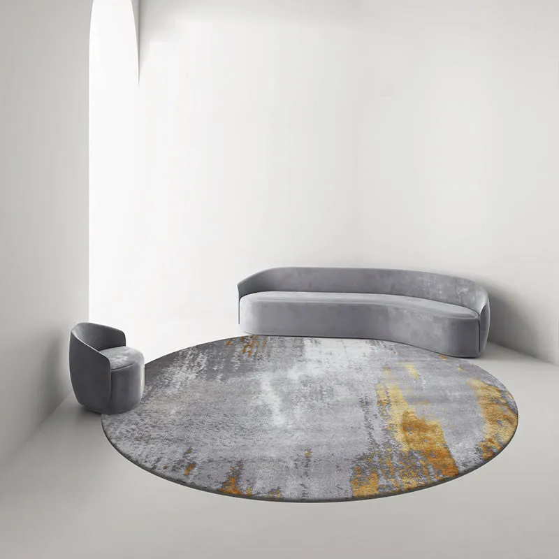 Abstract Gold and Grey Round Rug