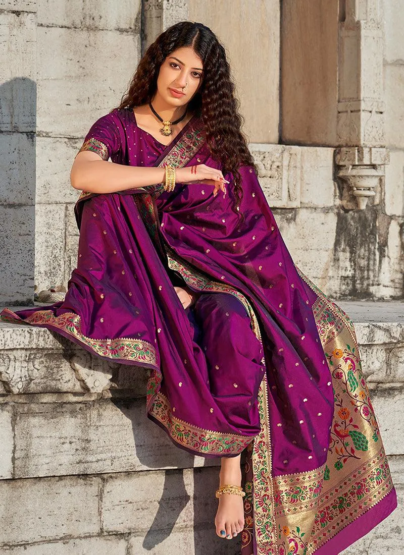 Adorable Wine Color Banarasi Soft Silk Weave Saree