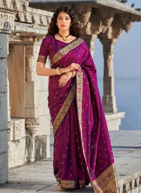 Adorable Wine Color Banarasi Soft Silk Weave Saree