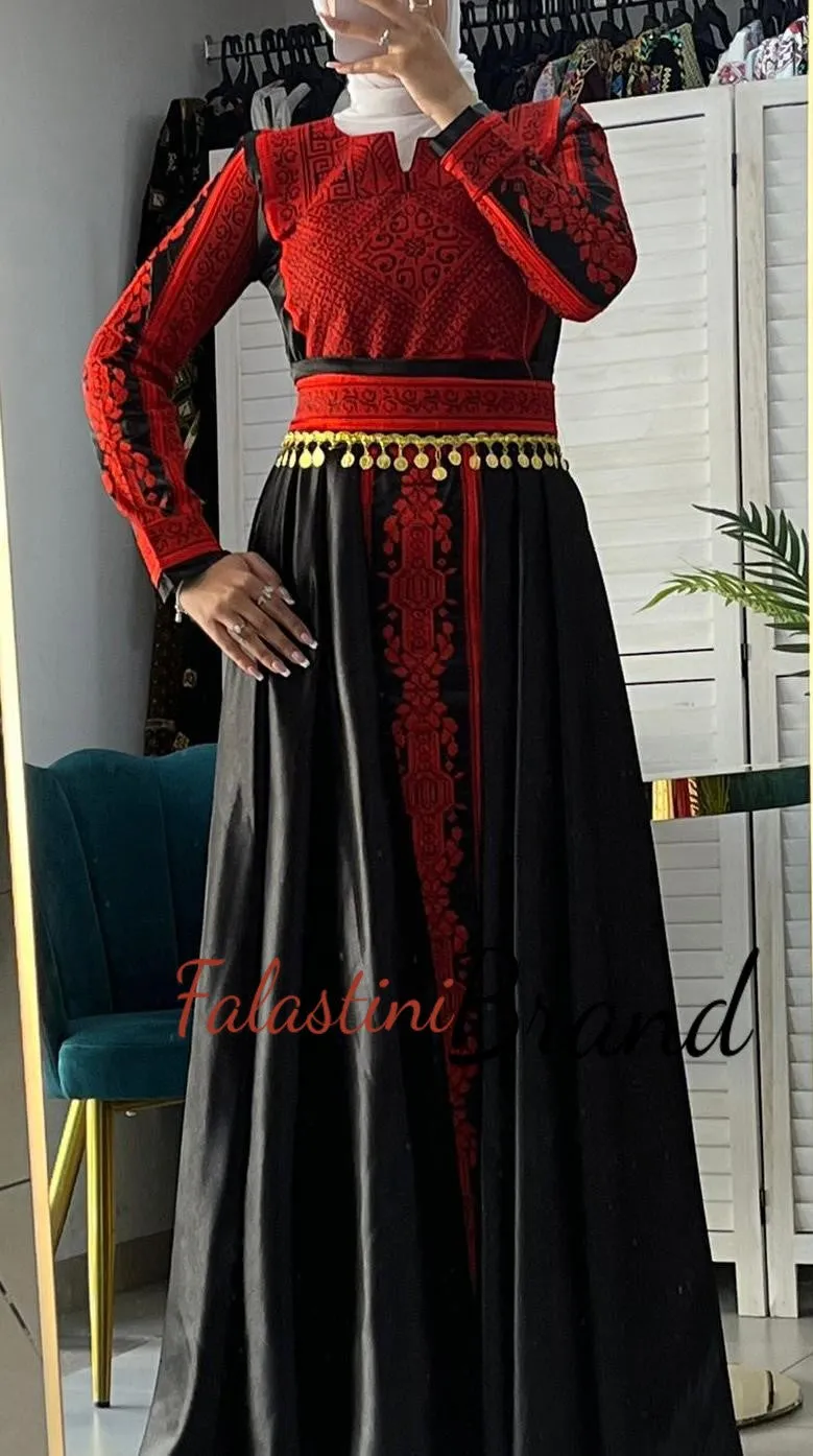 Amazing Black and Red Satin Thob Dress with Cloche Back Skirt and Coins Details