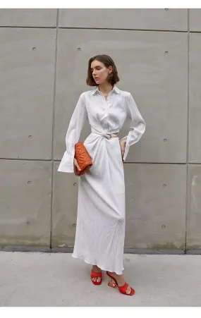 Asymmetrically-waisted summer dress white, polo-collared shirt, single-breasted dress-Cicili