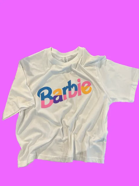 Barbie multi colored logo crop T