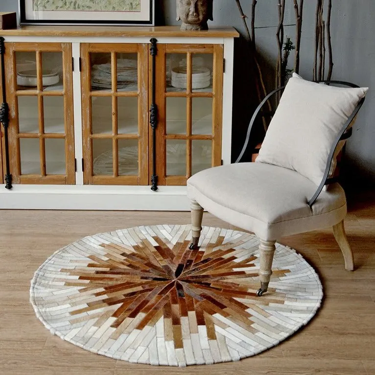 Beige and Cream Round Patchwork Hide Rug