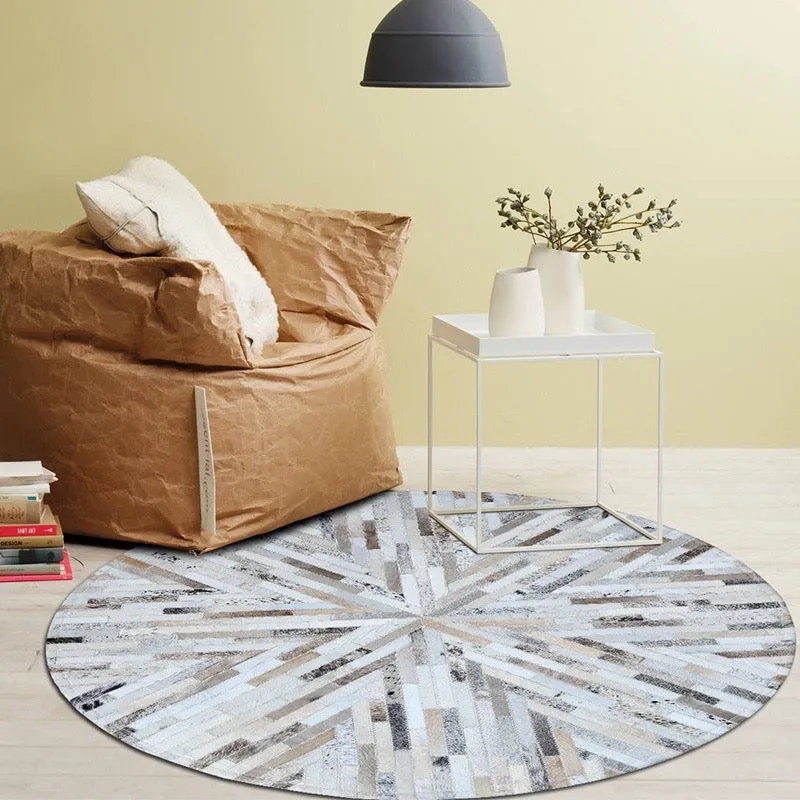 Beige and Cream Round Patchwork Hide Rug