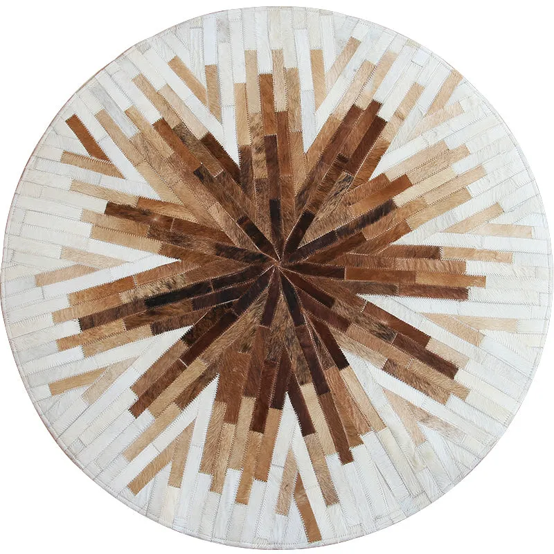 Beige and Cream Round Patchwork Hide Rug