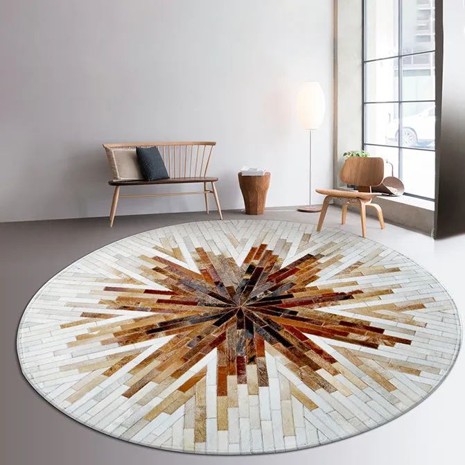 Beige and Cream Round Patchwork Hide Rug