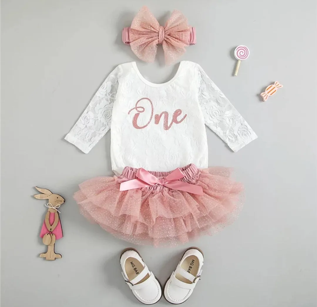 Birthday Outfits Long Sleeve Lace Romper with Bloomer, Tutu and Headband #1000687