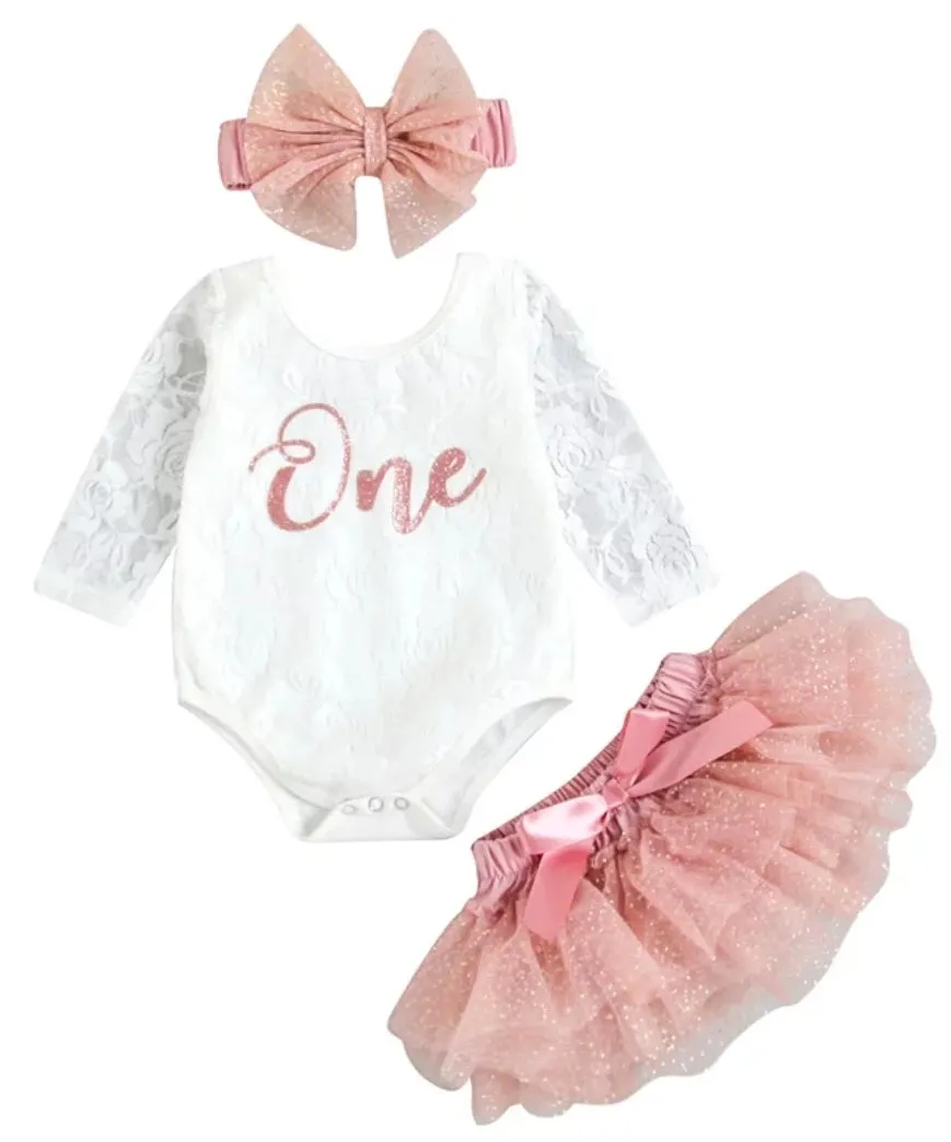 Birthday Outfits Long Sleeve Lace Romper with Bloomer, Tutu and Headband #1000687