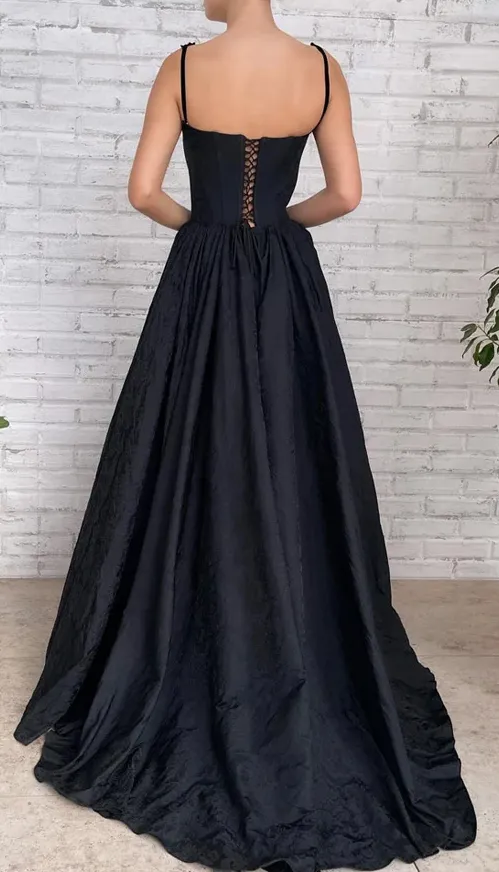 Black A Line Taffeta Long Prom Dress With Slit       fg360