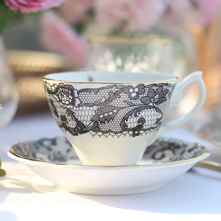 Black Lace Porcelain Tea Cup and Saucer