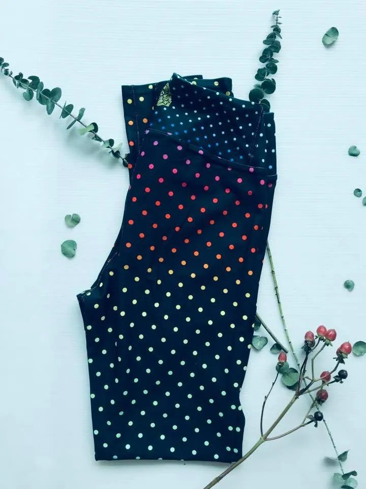 Black Rainbow Dots Women's Leggings, Polka Dots Colorful Printed Women's Long Yoga Pants- Made in USA/EU/MX