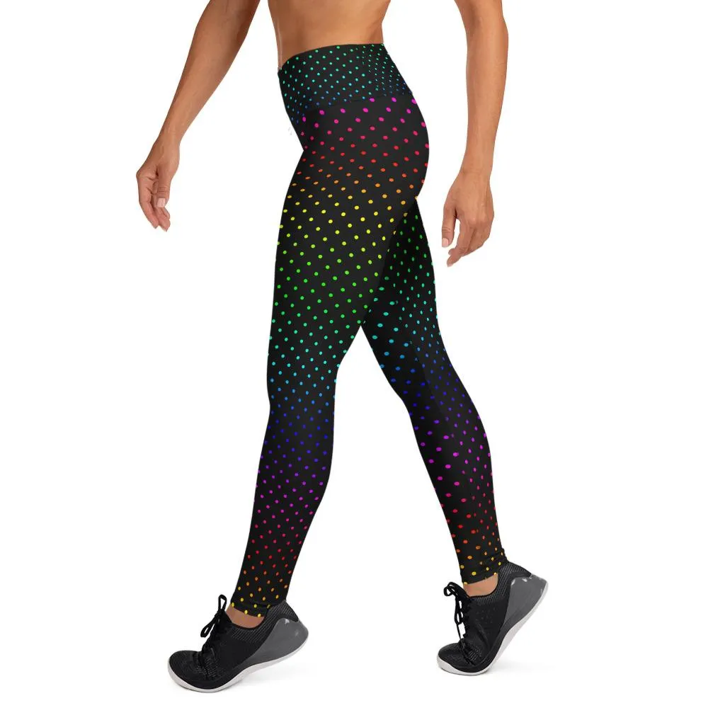 Black Rainbow Dots Women's Leggings, Polka Dots Colorful Printed Women's Long Yoga Pants- Made in USA/EU/MX