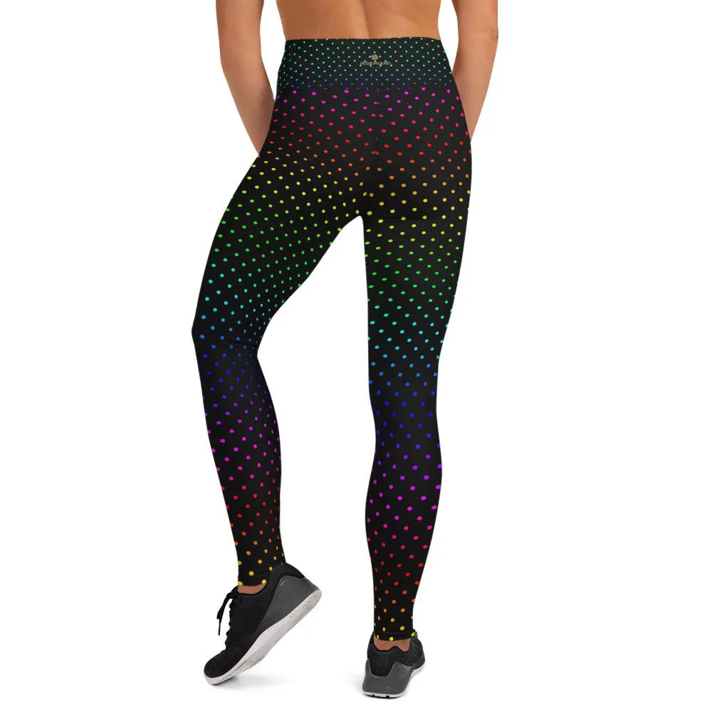 Black Rainbow Dots Women's Leggings, Polka Dots Colorful Printed Women's Long Yoga Pants- Made in USA/EU/MX