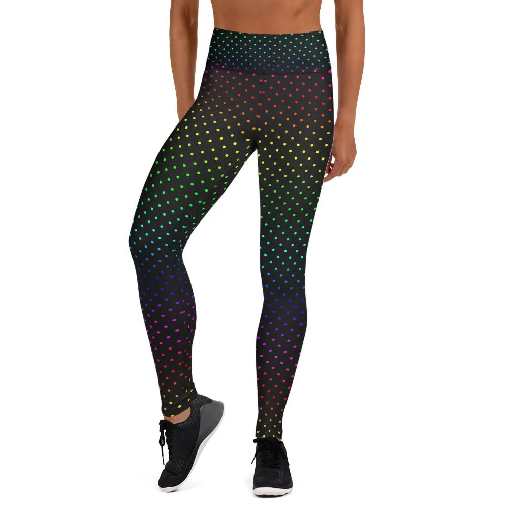 Black Rainbow Dots Women's Leggings, Polka Dots Colorful Printed Women's Long Yoga Pants- Made in USA/EU/MX