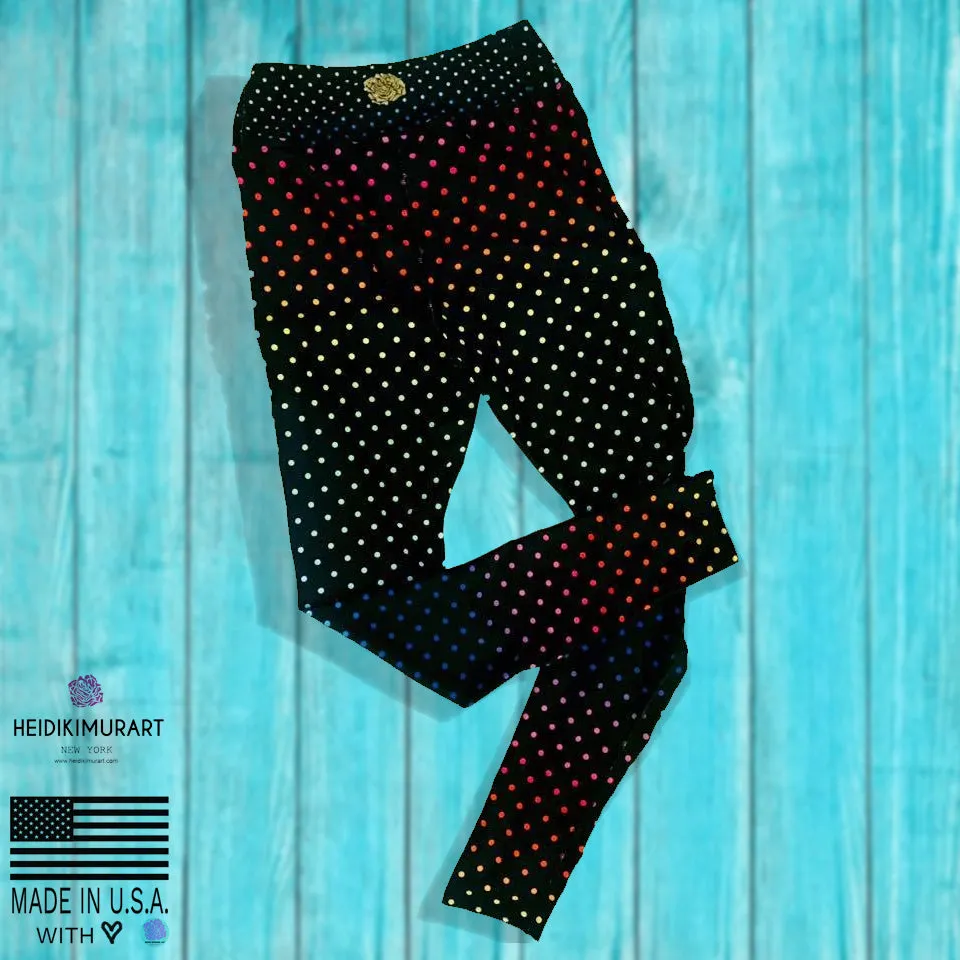 Black Rainbow Dots Women's Leggings, Polka Dots Colorful Printed Women's Long Yoga Pants- Made in USA/EU/MX