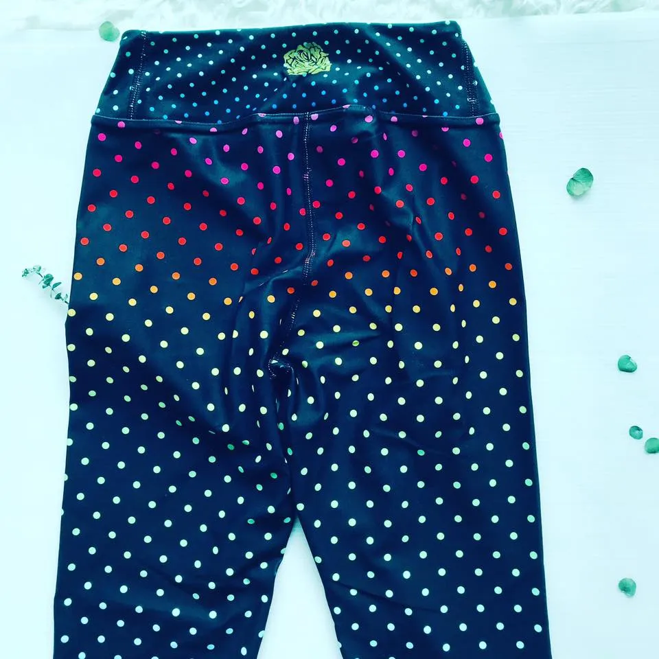 Black Rainbow Dots Women's Leggings, Polka Dots Colorful Printed Women's Long Yoga Pants- Made in USA/EU/MX