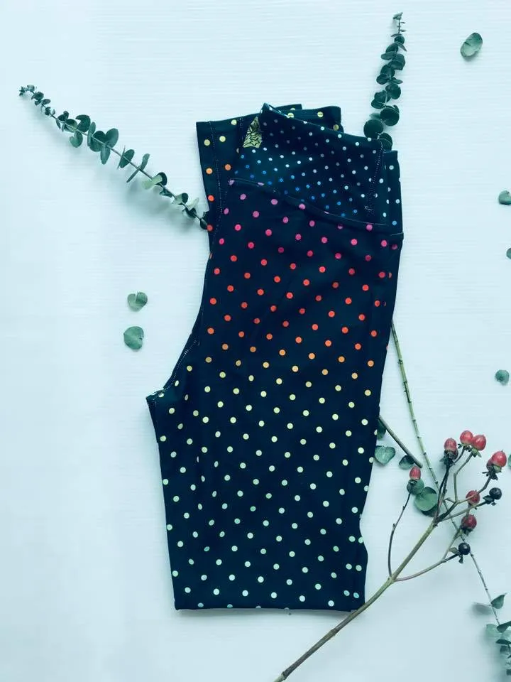 Black Rainbow Dots Women's Leggings, Polka Dots Colorful Printed Women's Long Yoga Pants- Made in USA/EU/MX