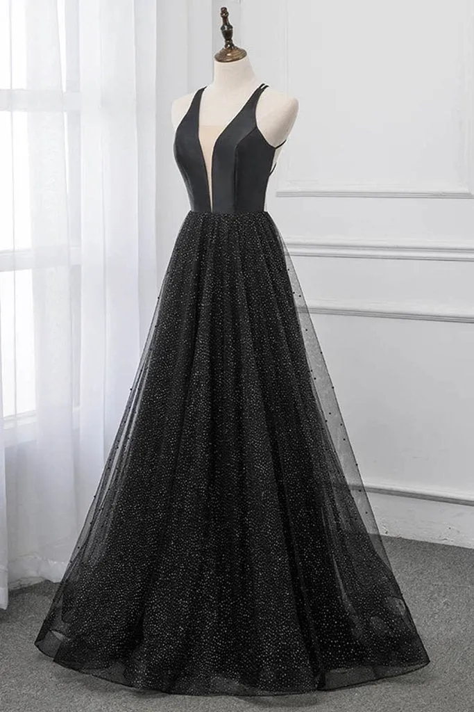 Black V-neckline Tulle and Satin Long Straps Cross Back Prom Dress, Floor Length Evening Dress