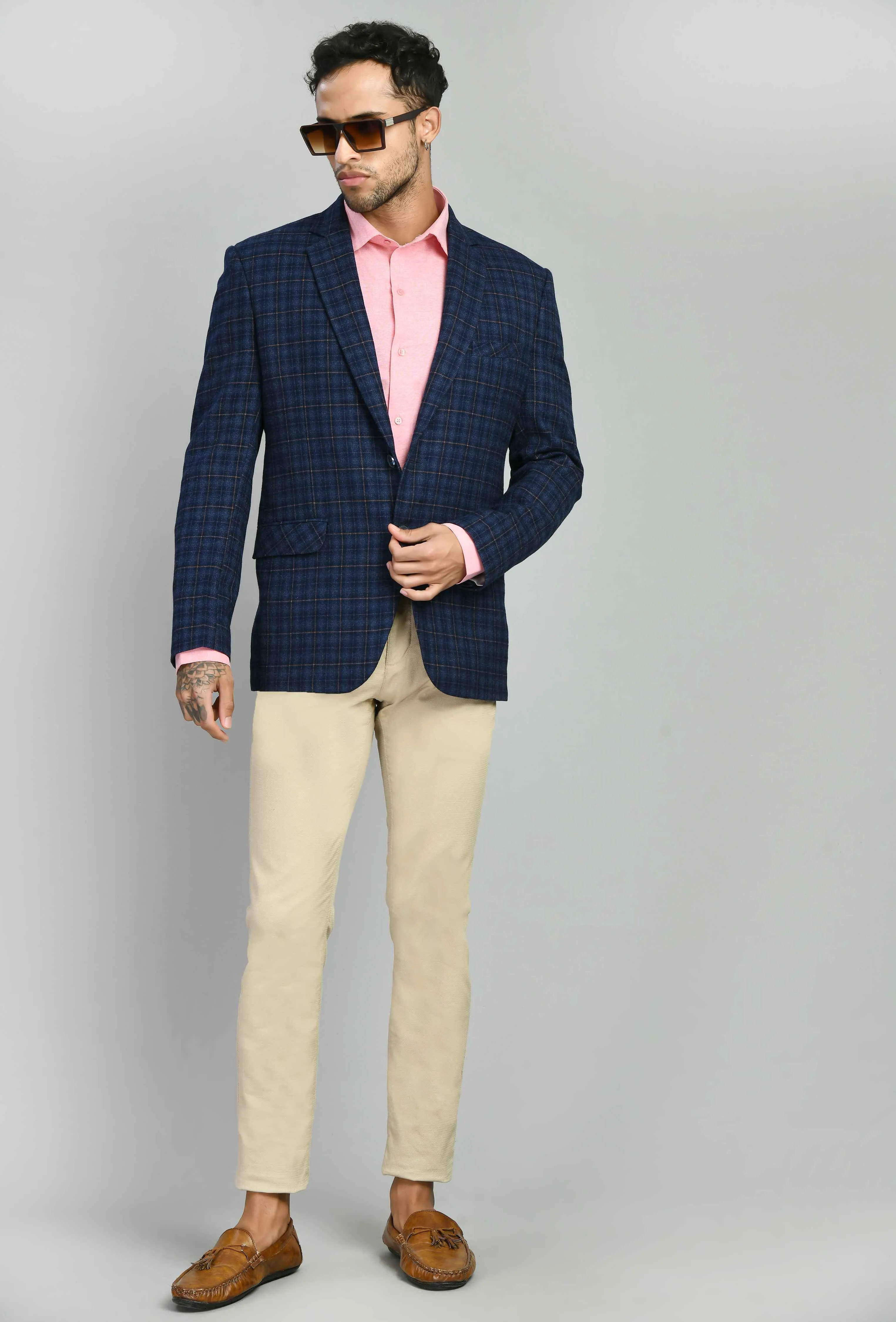 Blue Slim Fit Twid Checks Casual Blazer