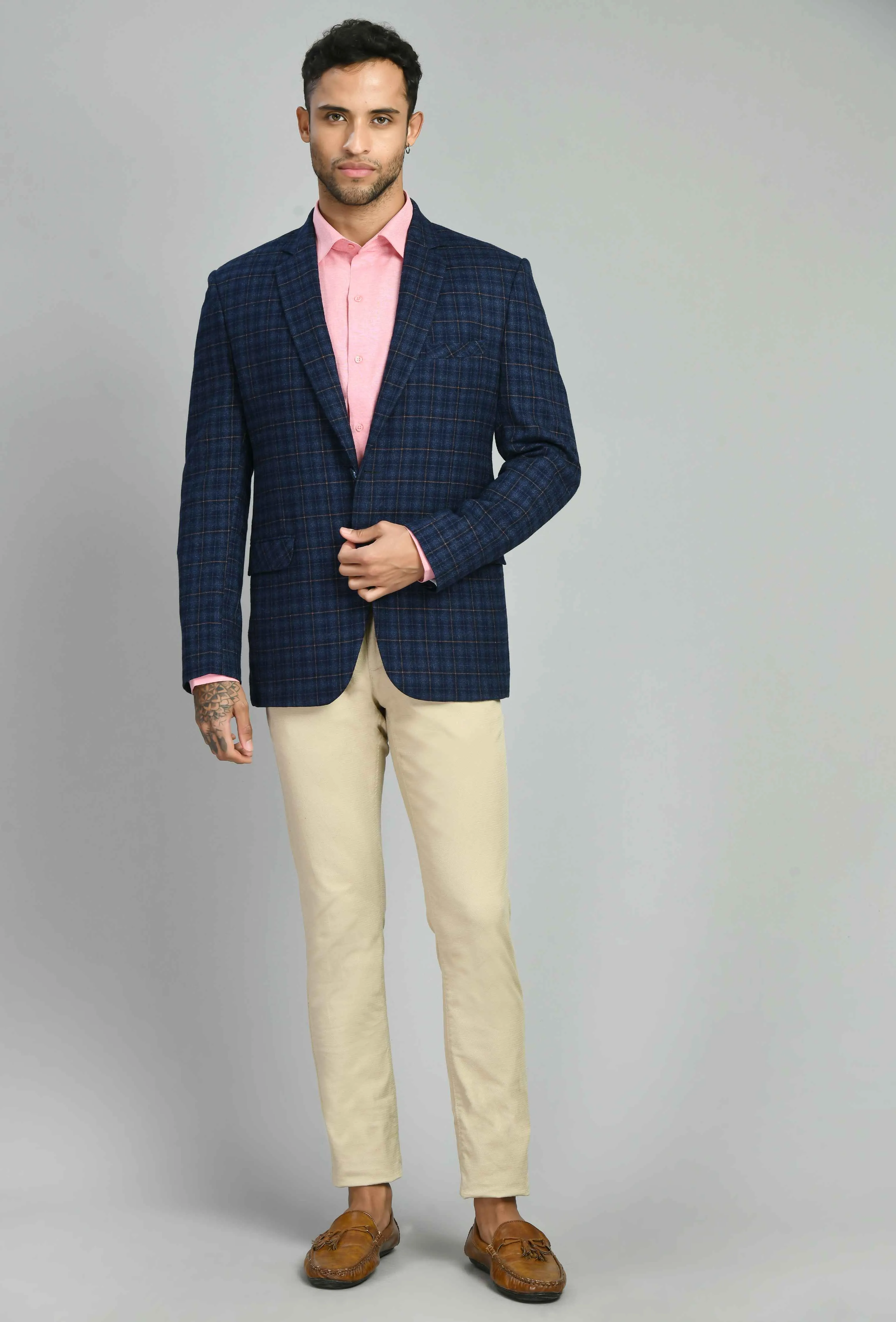 Blue Slim Fit Twid Checks Casual Blazer