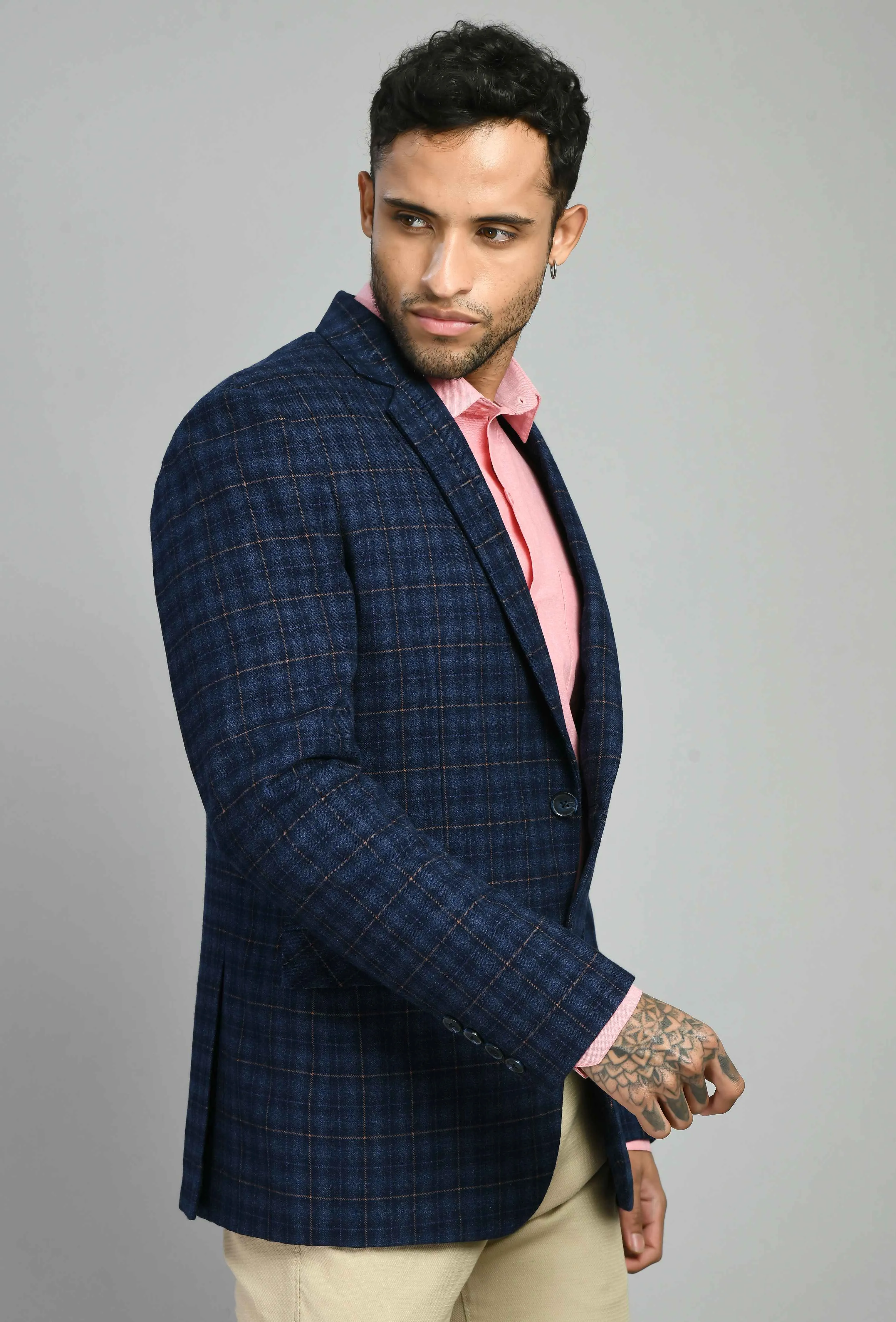 Blue Slim Fit Twid Checks Casual Blazer