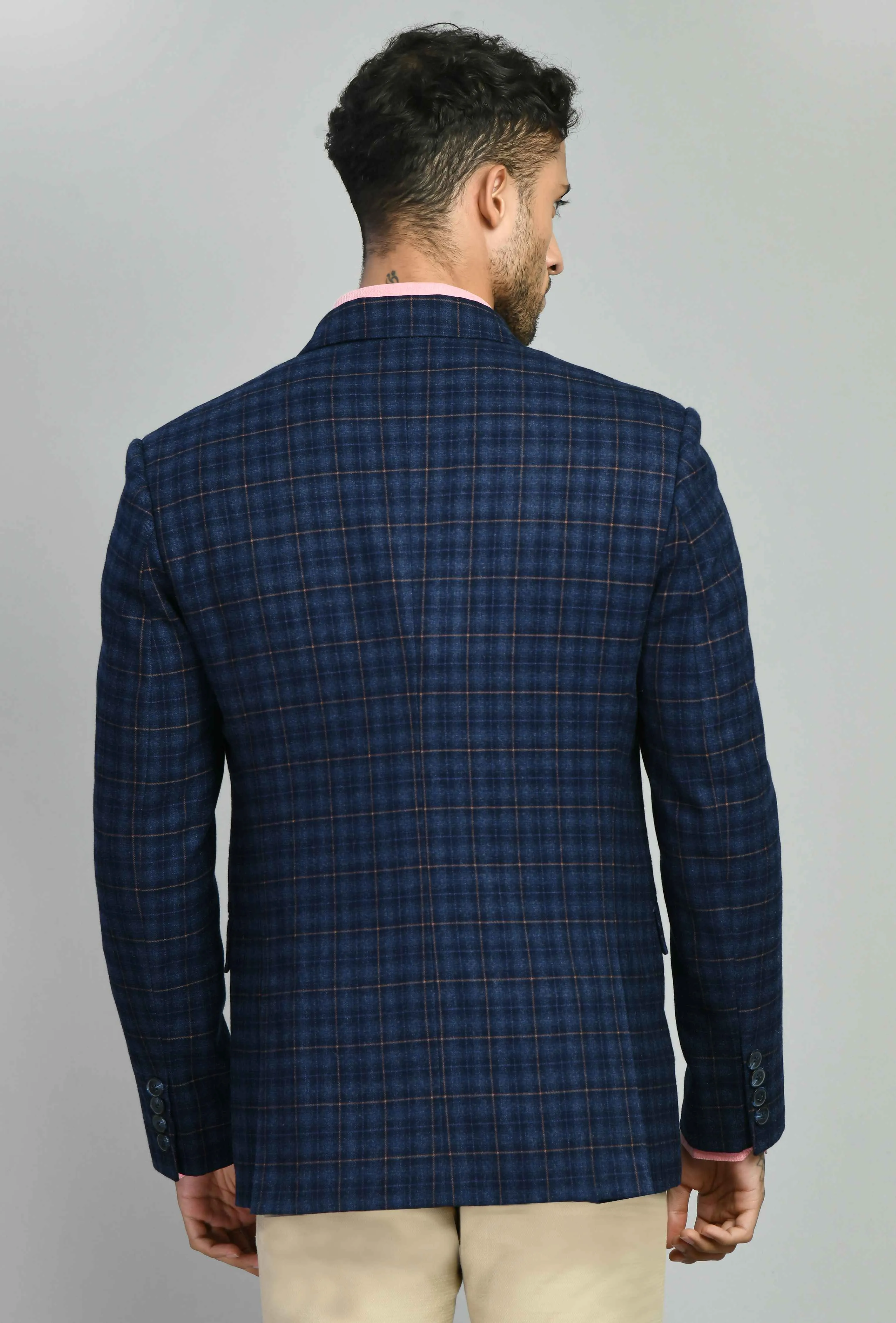 Blue Slim Fit Twid Checks Casual Blazer