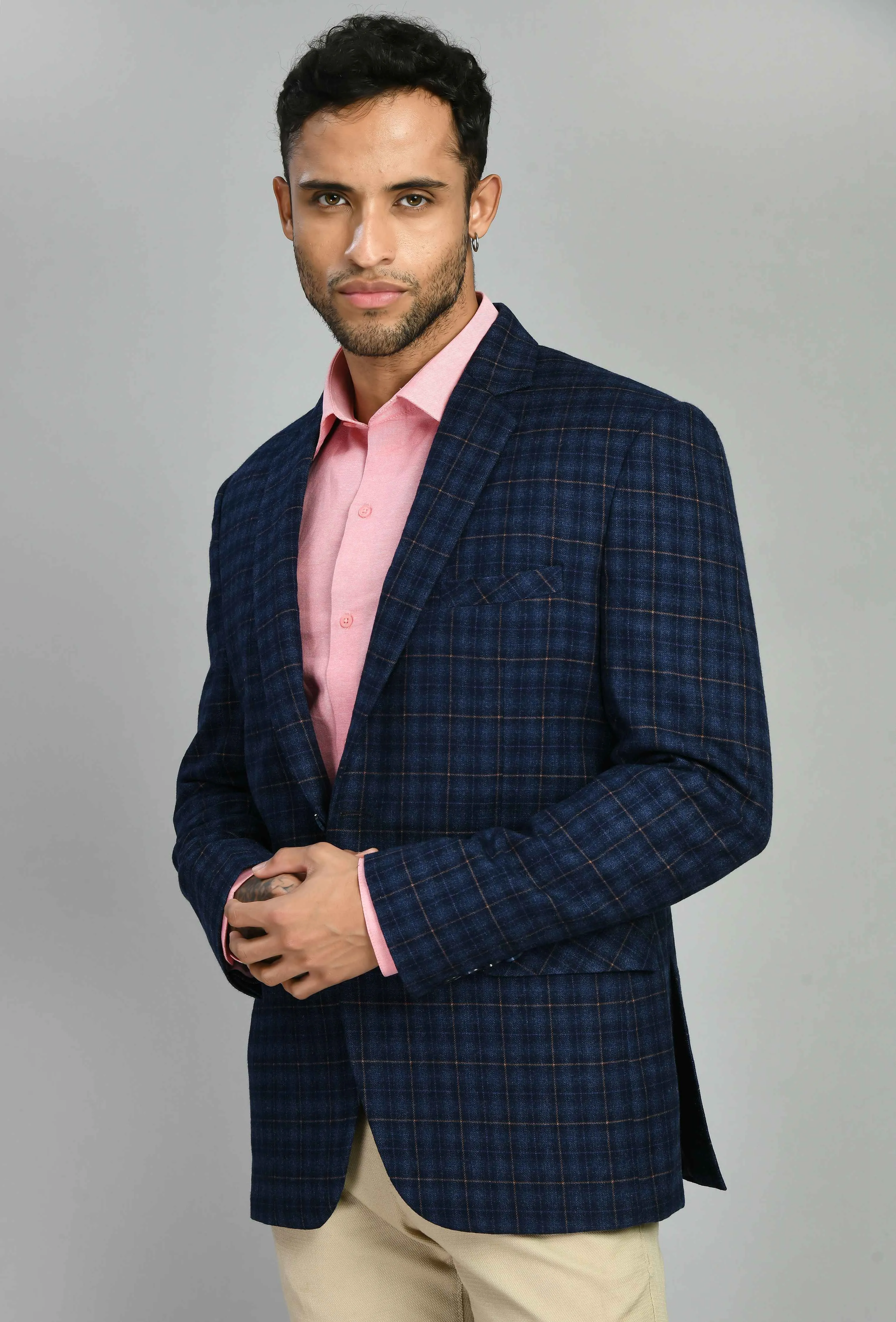 Blue Slim Fit Twid Checks Casual Blazer