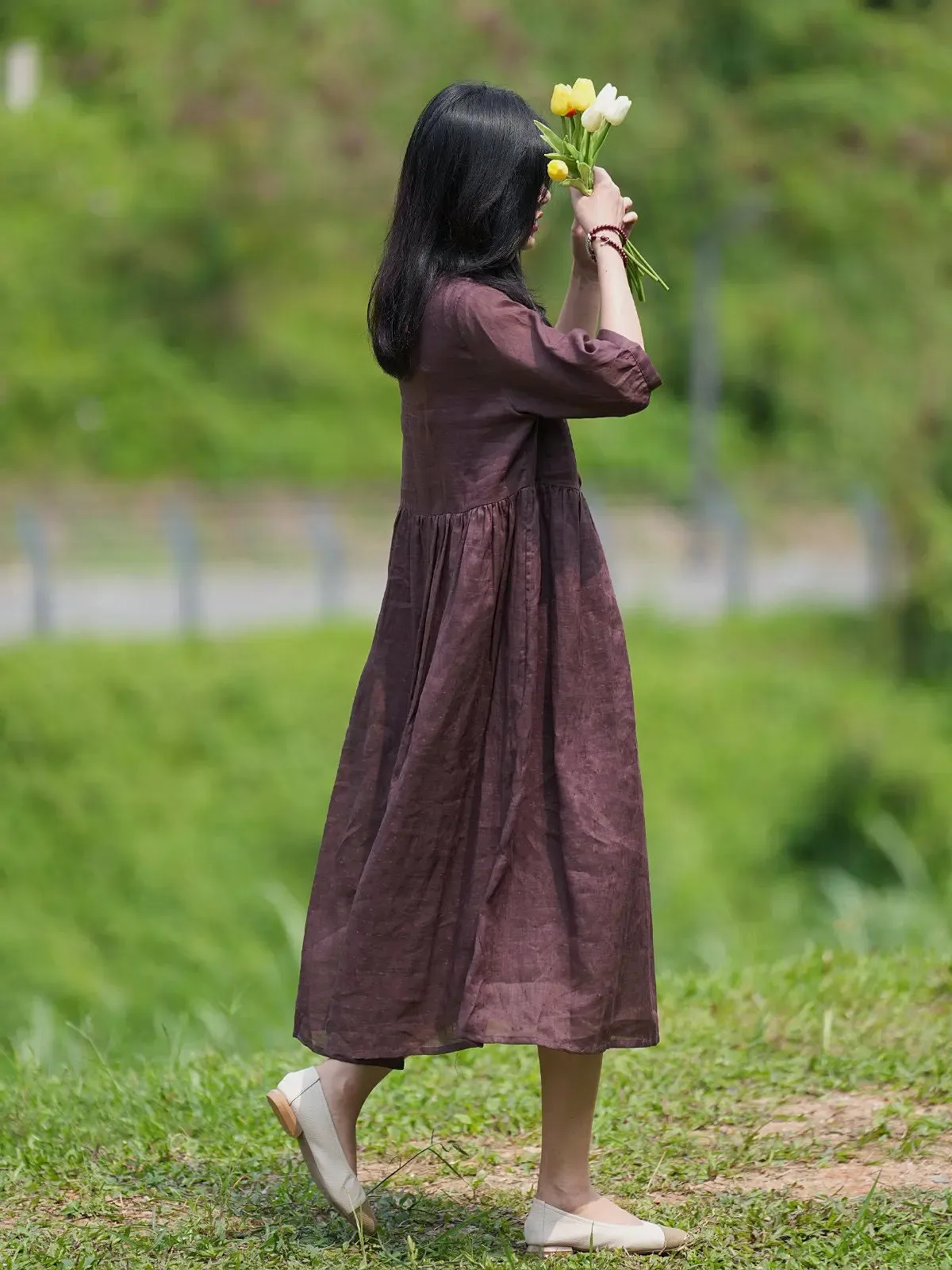 Brown linen Dress pleated maxi dress