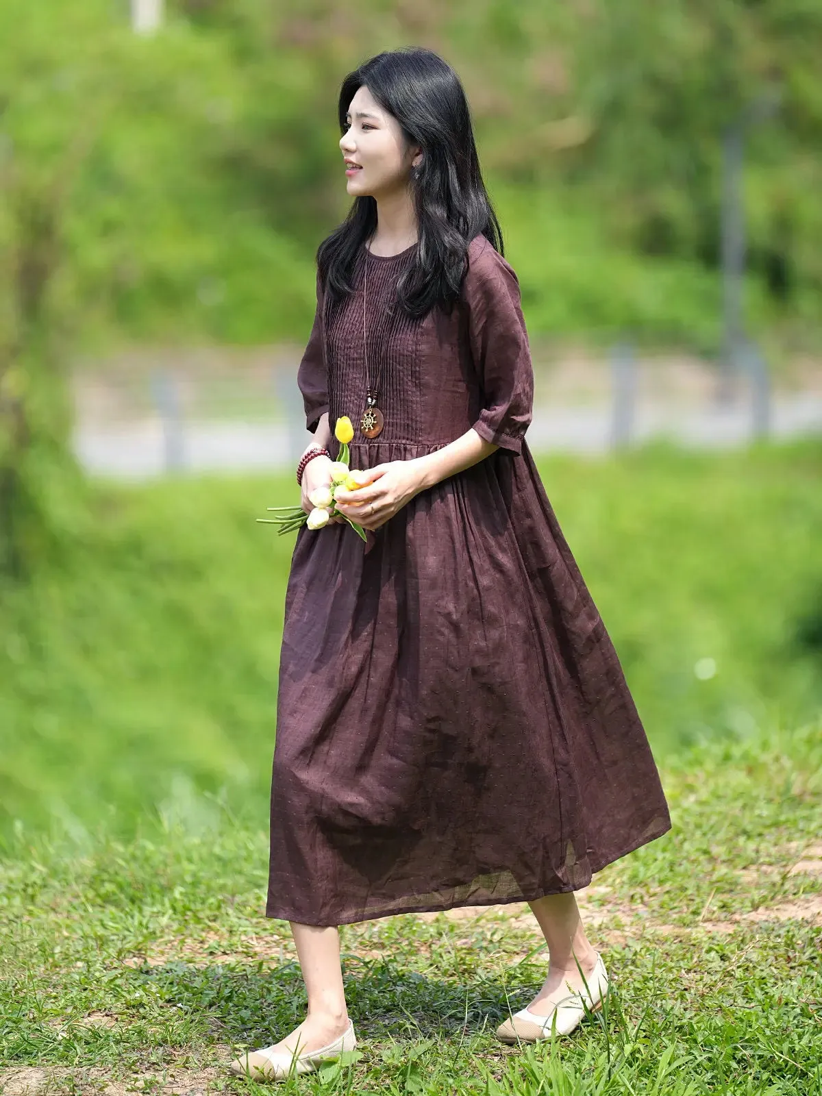 Brown linen Dress pleated maxi dress