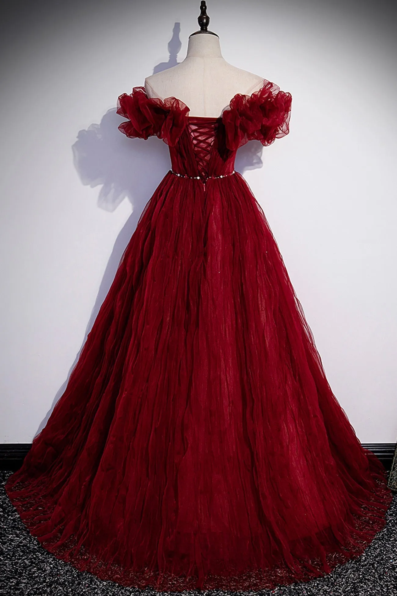 Burgundy Tulle Long Prom Dresses, A-Line Off the Shoulder Evening Party Dresses