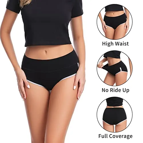 CAILECOTTON Black Underwear Women Cotton Panties High Waist Stretch Briefs Underpants Tummy Control Cheeky Panty 5 Packs