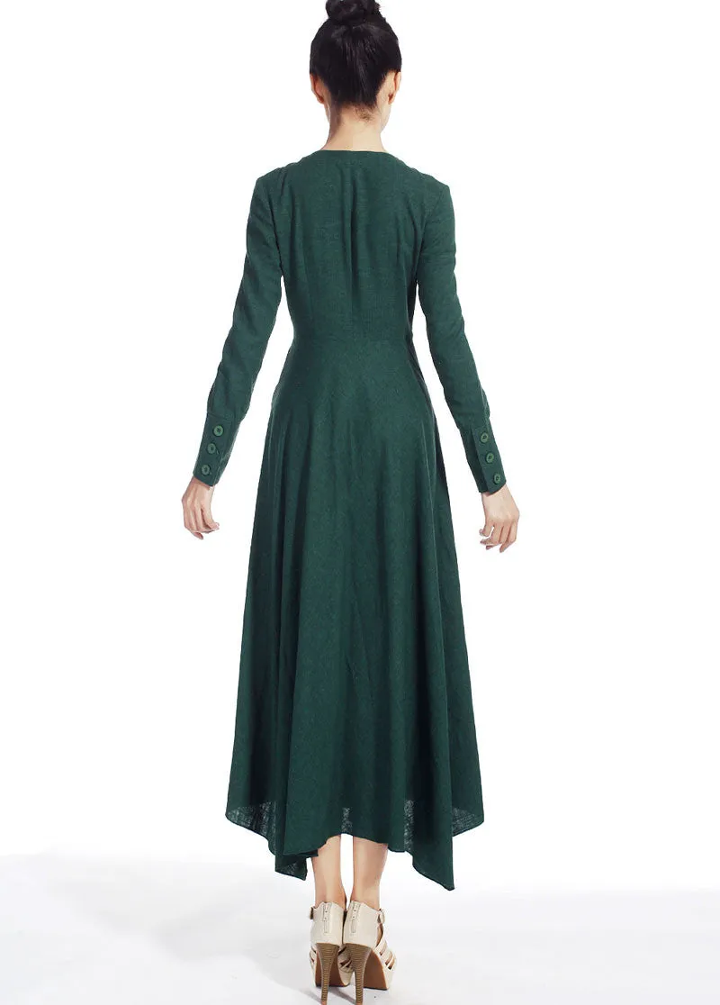 casual dress woman Maxi linen dress long sleeve dress in dark green (505)