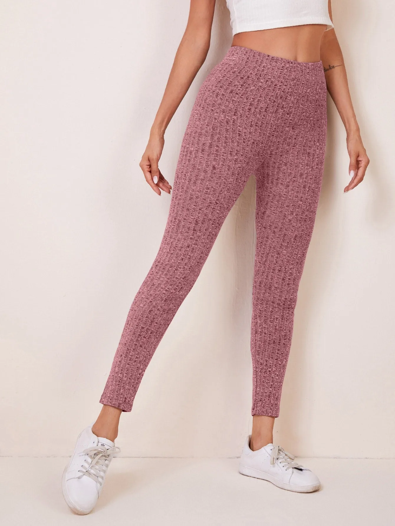 Casual Plain Rib-Knit Cropped Women Leggings