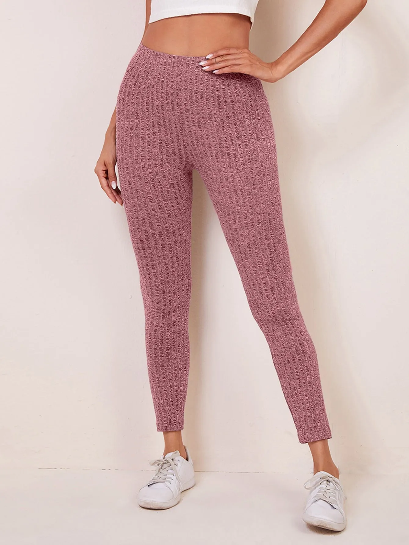 Casual Plain Rib-Knit Cropped Women Leggings