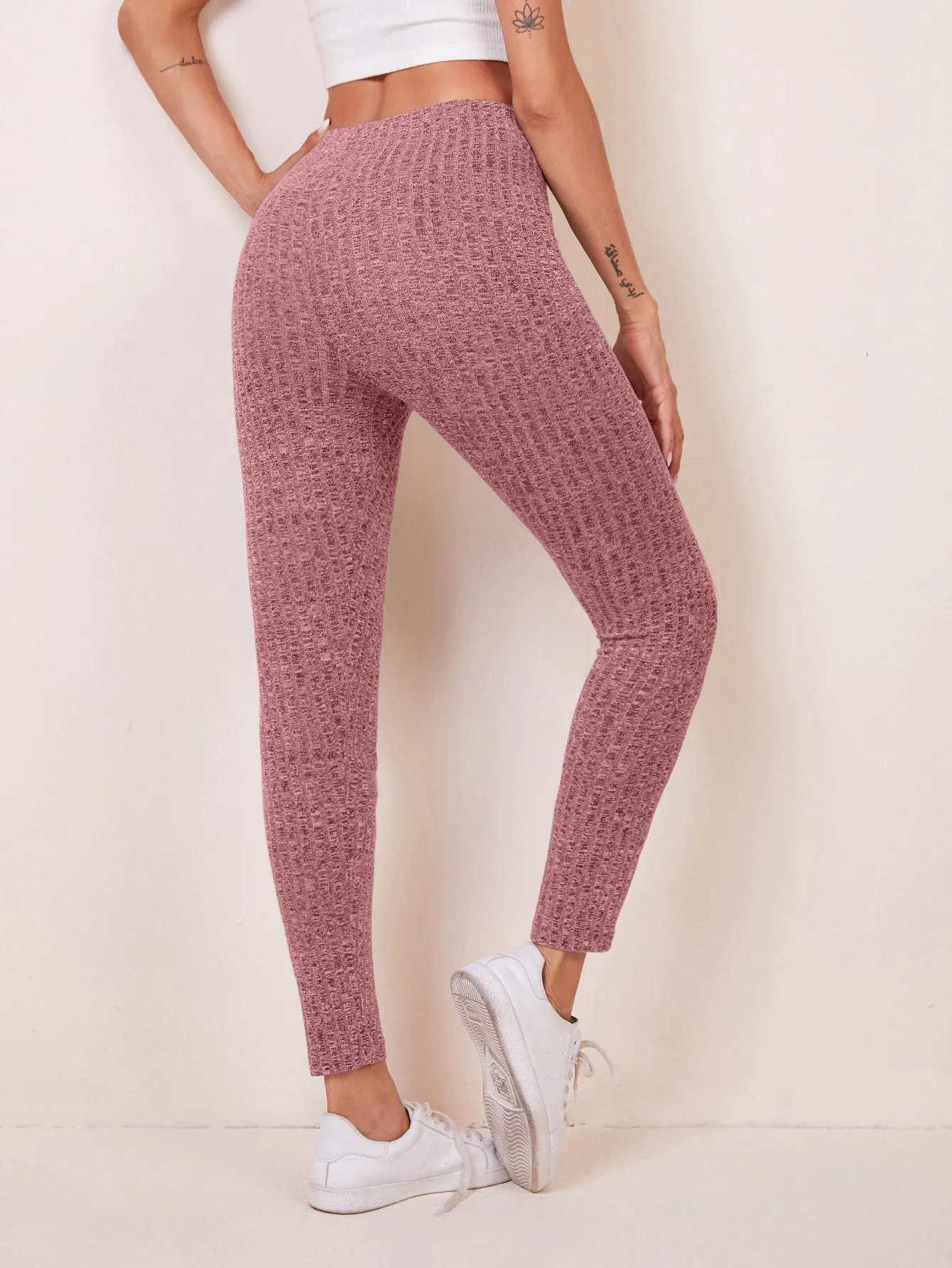 Casual Plain Rib-Knit Cropped Women Leggings