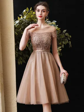 Champagne Round Neck Tulle Sequin Short Prom Dress Champagne Homecoming Dress