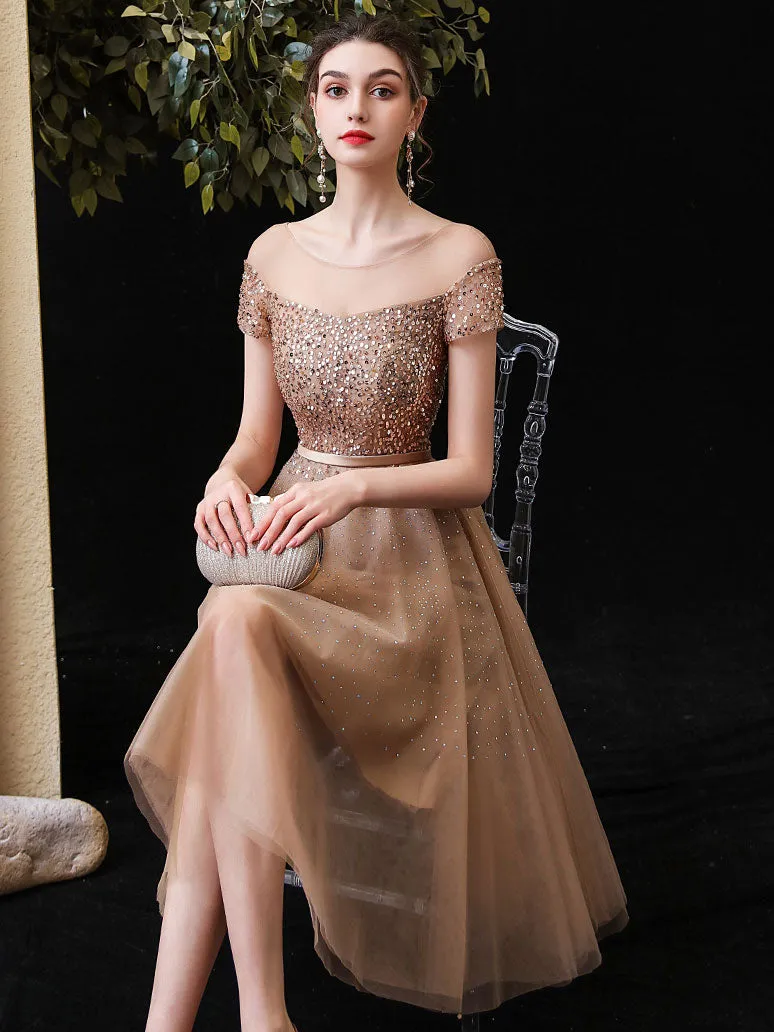 Champagne Round Neck Tulle Sequin Short Prom Dress Champagne Homecoming Dress