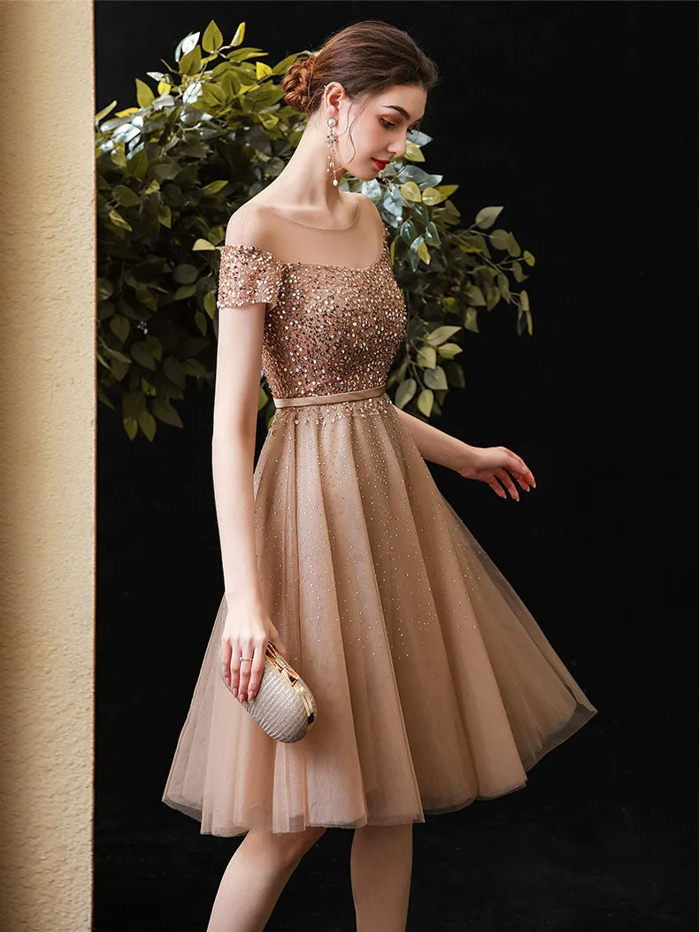 Champagne Round Neck Tulle Sequin Short Prom Dress Champagne Homecoming Dress