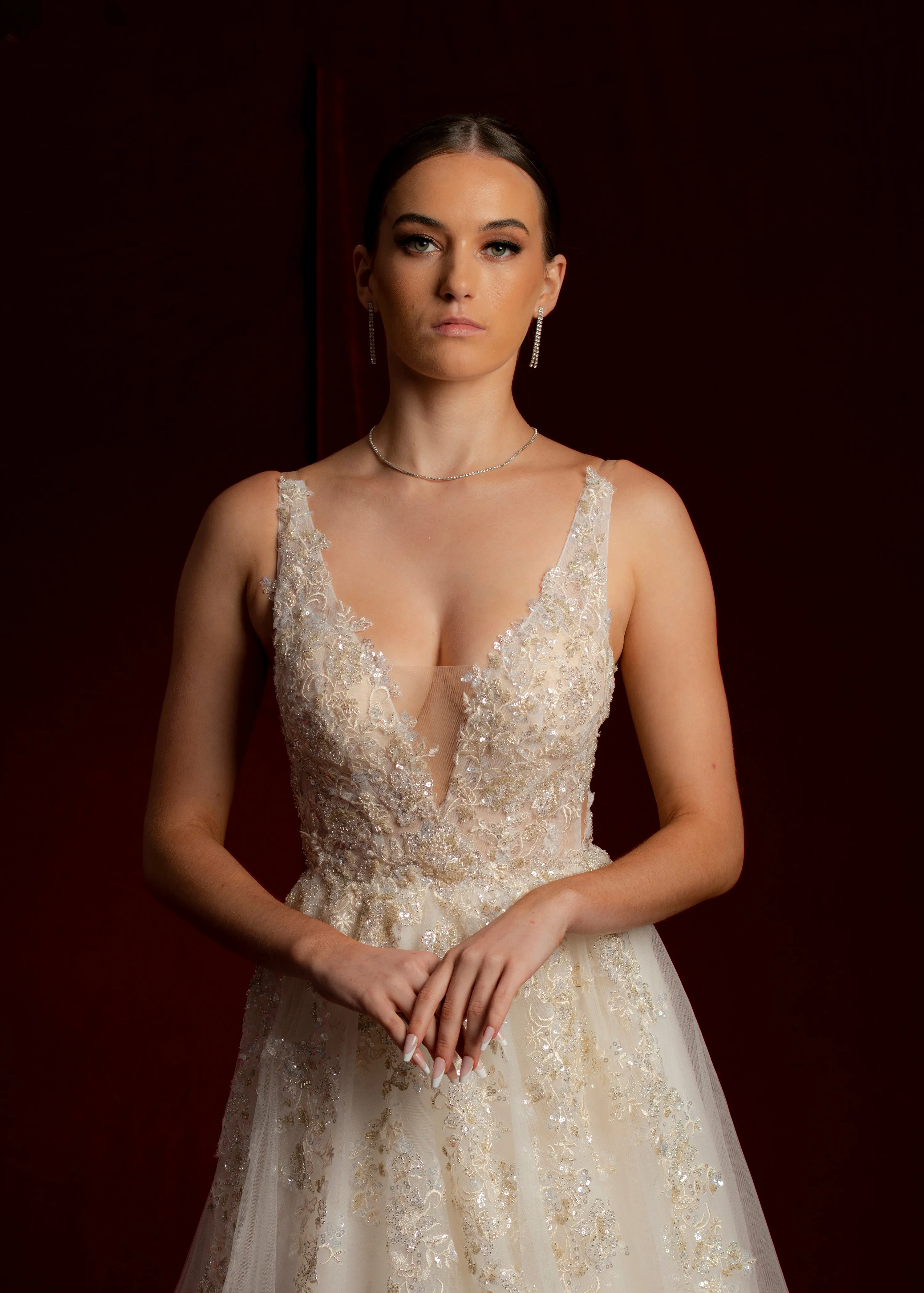 Champagne v-neck beaded lace princess dress for hire