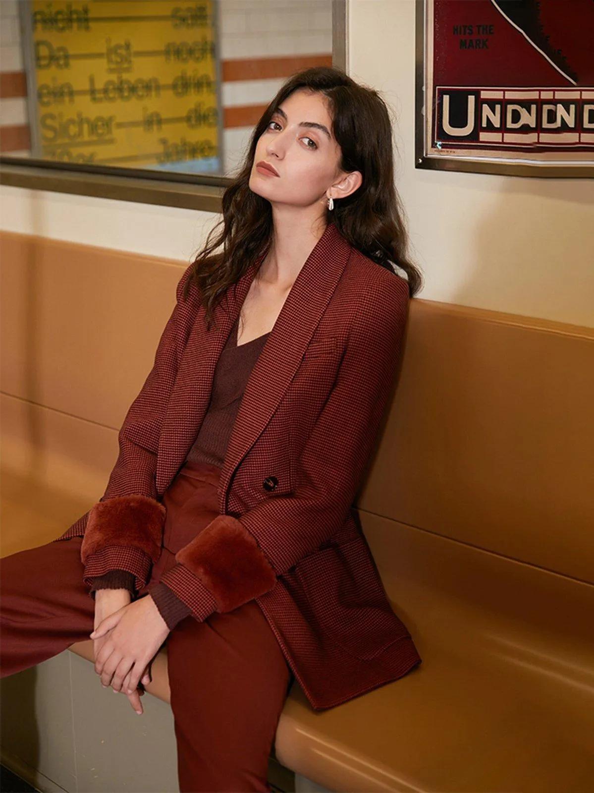 Claret Asymmetric Collar Blazer & Pants Suit Set