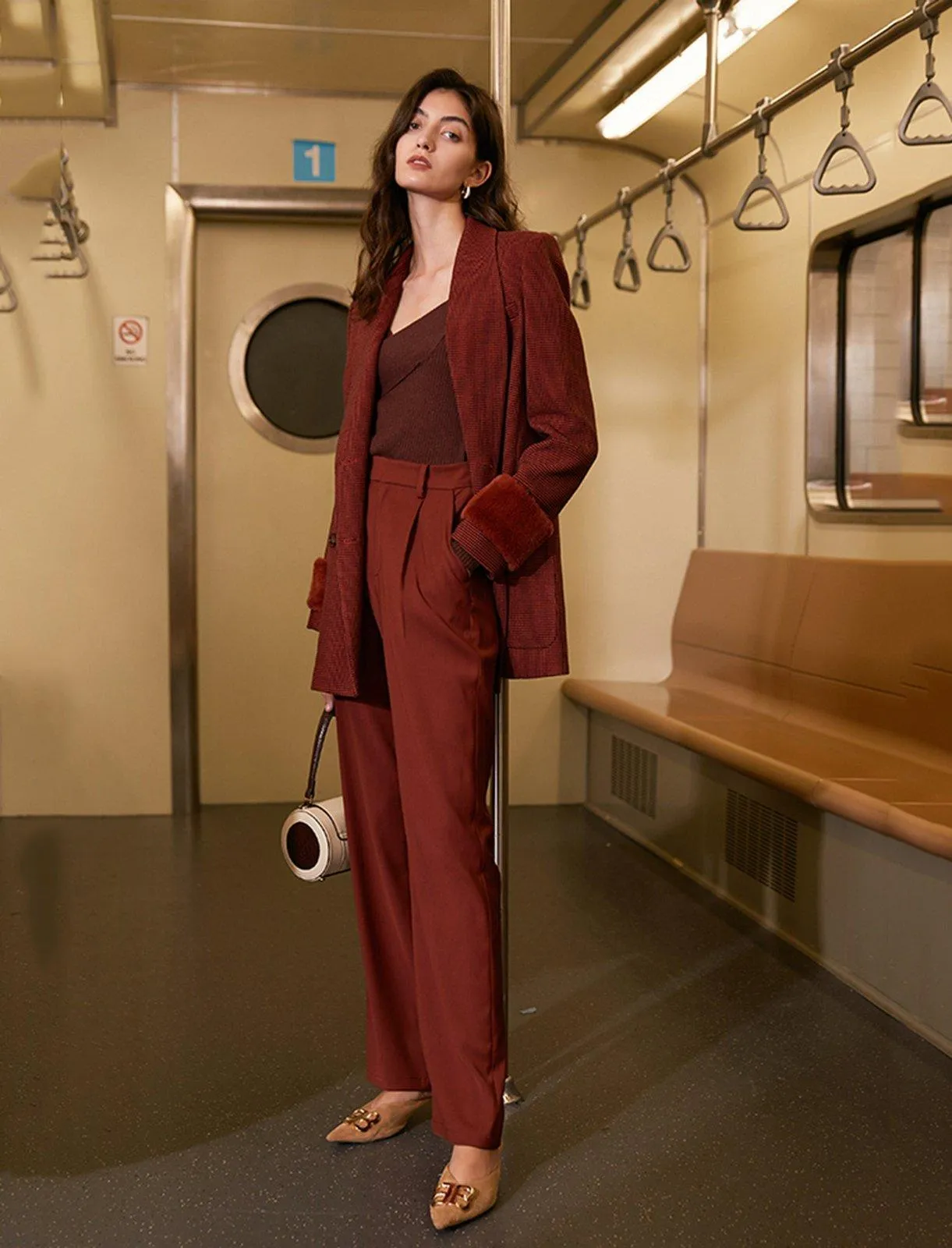 Claret Asymmetric Collar Blazer & Pants Suit Set